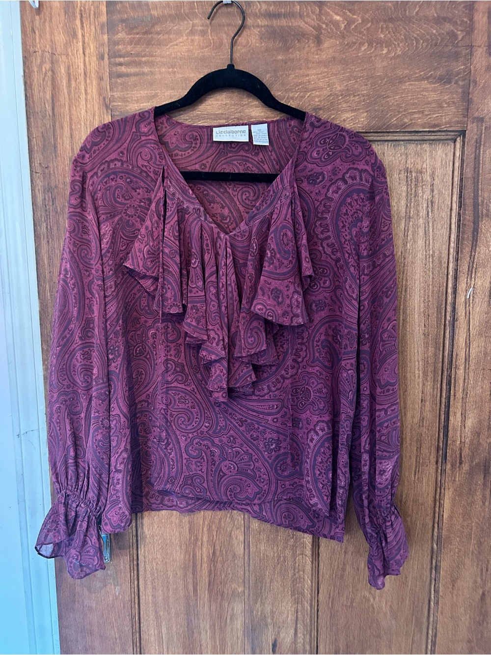 Liz Claiborne Burgundy Paisley Ruffle Front Blouse